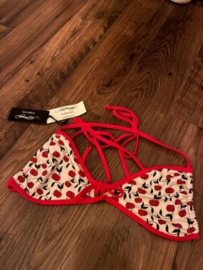Ed Hardy Cherry Print Red Trim Triangle Bikini Top